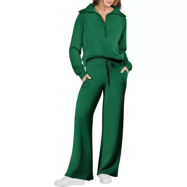 imageANRABESS Women 2 Piece Outfits Sweatsuit Set 2023 Fall Oversized Half Zip Sweatshirt Wide Leg Sweatpant Lounge Set TracksuitGreen