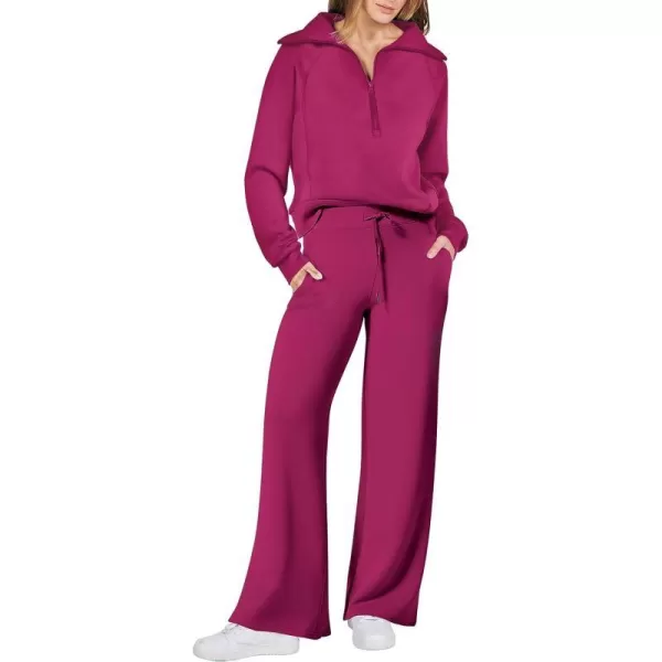 imageANRABESS Women 2 Piece Outfits Sweatsuit Set 2023 Fall Oversized Half Zip Sweatshirt Wide Leg Sweatpant Lounge Set TracksuitHot Pink