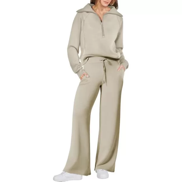 imageANRABESS Women 2 Piece Outfits Sweatsuit Set 2023 Fall Oversized Half Zip Sweatshirt Wide Leg Sweatpant Lounge Set TracksuitLight Khaki