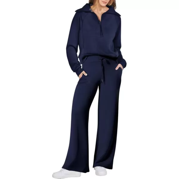 imageANRABESS Women 2 Piece Outfits Sweatsuit Set 2023 Fall Oversized Half Zip Sweatshirt Wide Leg Sweatpant Lounge Set TracksuitNavy Blue