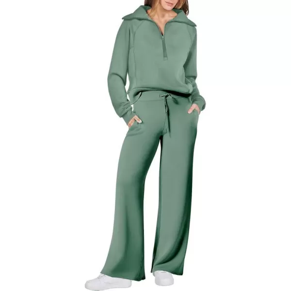 imageANRABESS Women 2 Piece Outfits Sweatsuit Set 2023 Fall Oversized Half Zip Sweatshirt Wide Leg Sweatpant Lounge Set TracksuitPea Green