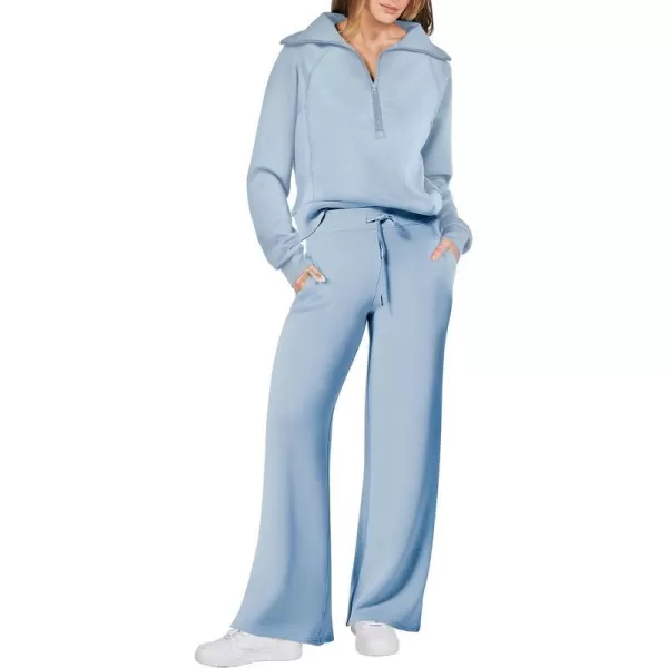 imageANRABESS Women 2 Piece Outfits Sweatsuit Set 2023 Fall Oversized Half Zip Sweatshirt Wide Leg Sweatpant Lounge Set TracksuitSky
