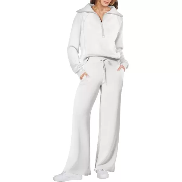 imageANRABESS Women 2 Piece Outfits Sweatsuit Set 2023 Fall Oversized Half Zip Sweatshirt Wide Leg Sweatpant Lounge Set TracksuitWhite