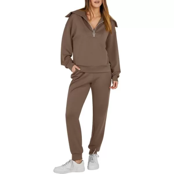 imageANRABESS Women 2 Piece Outfits Sweatsuit Set Fall Fashion Half Zip Sweatshirt Jogger Sweatpants Lounge Matching SetBrown