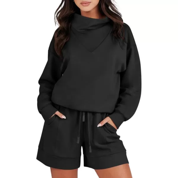imageANRABESS Women 2 Piece Outfits Sweatsuits Cowl Neck Sweatshirts amp Lounge Shorts Matching Sweat Sets Tracksuit SetBlack