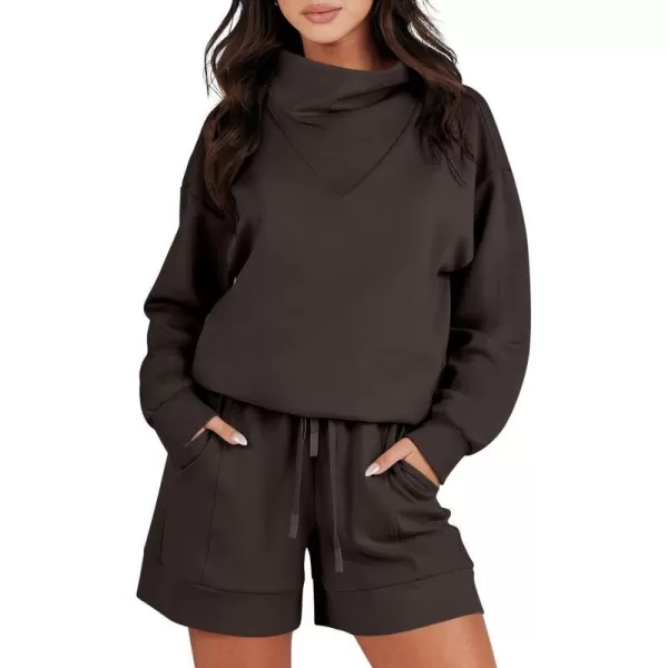 imageANRABESS Women 2 Piece Outfits Sweatsuits Cowl Neck Sweatshirts amp Lounge Shorts Matching Sweat Sets Tracksuit SetCoffee