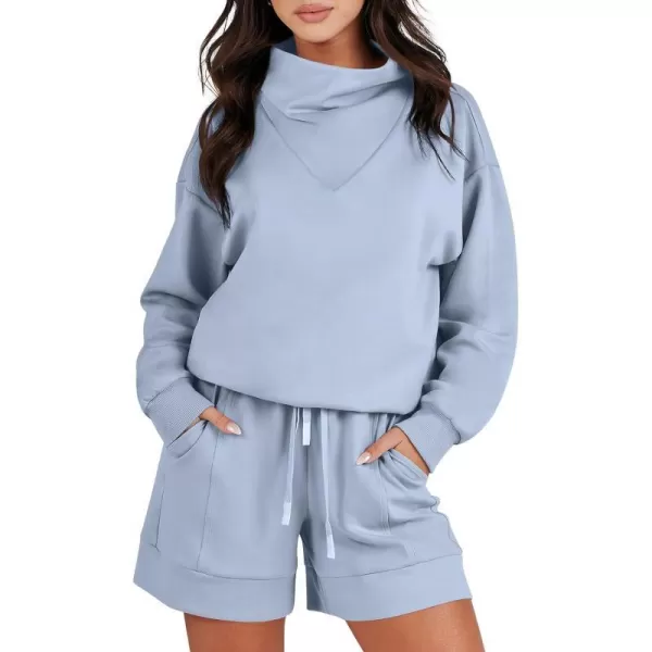 imageANRABESS Women 2 Piece Outfits Sweatsuits Cowl Neck Sweatshirts amp Lounge Shorts Matching Sweat Sets Tracksuit SetLight Blue