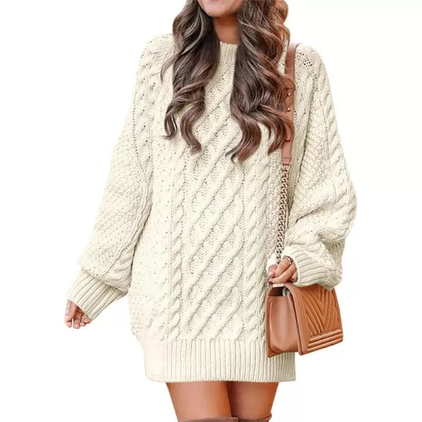 imageANRABESS Women 2023 Fall Crewneck Long Sleeve Oversized Cable Knit Chunky Pullover Short Sweater DressesBeige