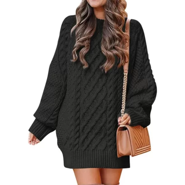 imageANRABESS Women 2023 Fall Crewneck Long Sleeve Oversized Cable Knit Chunky Pullover Short Sweater DressesBlack