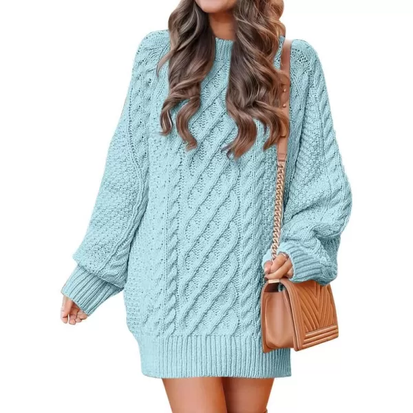 imageANRABESS Women 2023 Fall Crewneck Long Sleeve Oversized Cable Knit Chunky Pullover Short Sweater DressesBlue
