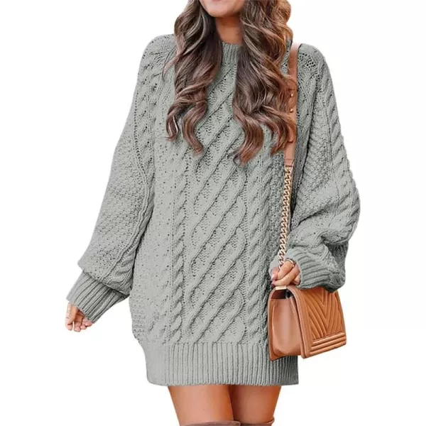 imageANRABESS Women 2023 Fall Crewneck Long Sleeve Oversized Cable Knit Chunky Pullover Short Sweater DressesGray