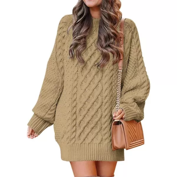 imageANRABESS Women 2023 Fall Crewneck Long Sleeve Oversized Cable Knit Chunky Pullover Short Sweater DressesKhaki