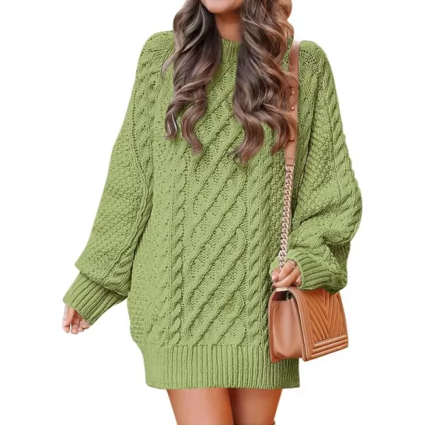 imageANRABESS Women 2023 Fall Crewneck Long Sleeve Oversized Cable Knit Chunky Pullover Short Sweater DressesLight Green