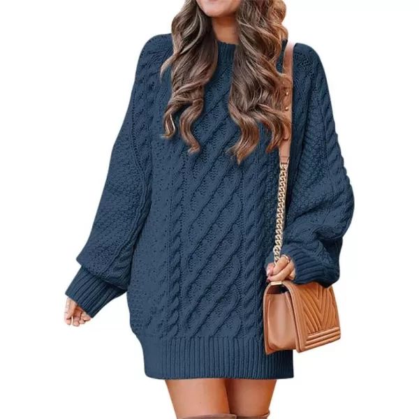 imageANRABESS Women 2023 Fall Crewneck Long Sleeve Oversized Cable Knit Chunky Pullover Short Sweater DressesNavy