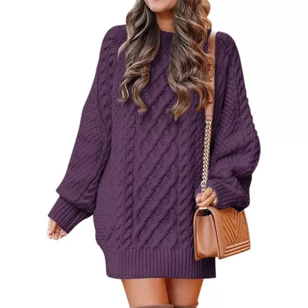 imageANRABESS Women 2023 Fall Crewneck Long Sleeve Oversized Cable Knit Chunky Pullover Short Sweater DressesPurple
