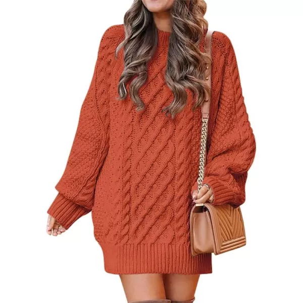imageANRABESS Women 2023 Fall Crewneck Long Sleeve Oversized Cable Knit Chunky Pullover Short Sweater DressesRust