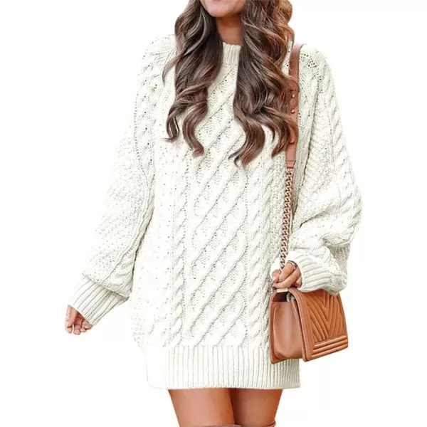 imageANRABESS Women 2023 Fall Crewneck Long Sleeve Oversized Cable Knit Chunky Pullover Short Sweater DressesWhite