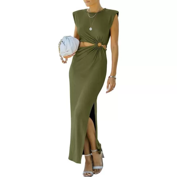 imageANRABESS Women 2023 Summer Sleeveless Padded Shoulder Cutout Sexy Bodycon Slit Maxi Formal DressArmy Green