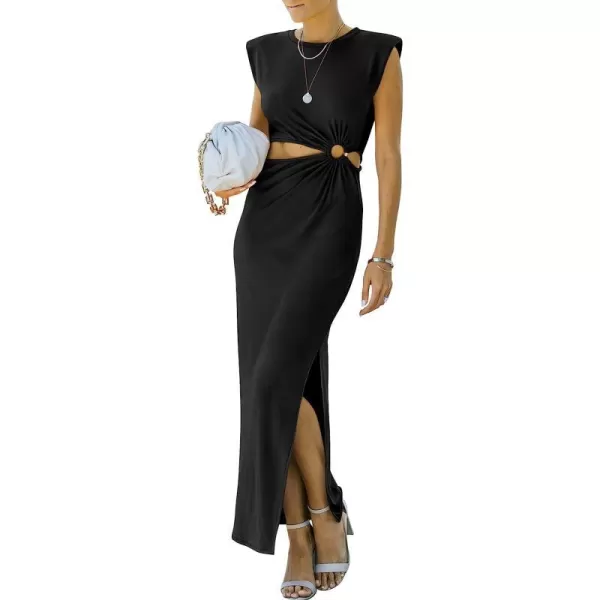imageANRABESS Women 2023 Summer Sleeveless Padded Shoulder Cutout Sexy Bodycon Slit Maxi Formal DressBlack