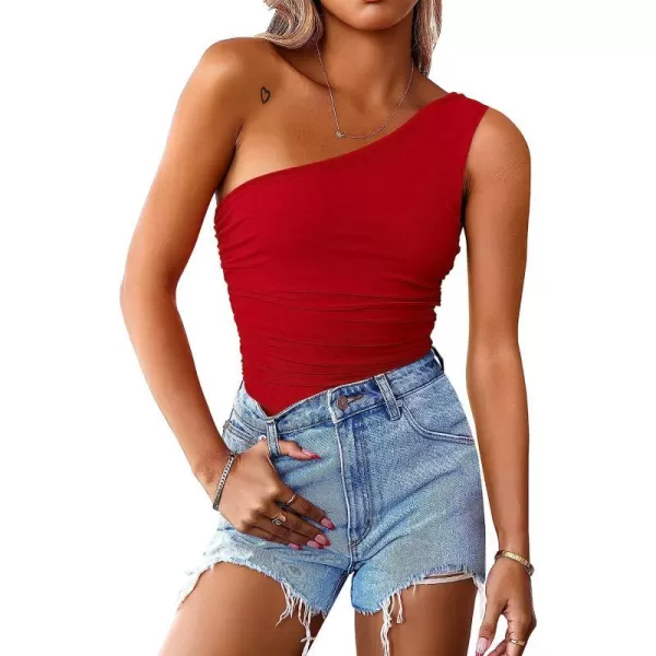 imageANRABESS Women 2023 Summer Sleeveless Sexy One Shoulder Mesh Solid Tank Top Bodysuit JumpsuitsRed