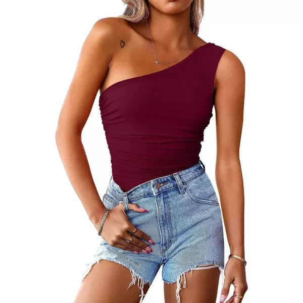 imageANRABESS Women 2023 Summer Sleeveless Sexy One Shoulder Mesh Solid Tank Top Bodysuit JumpsuitsWine Red