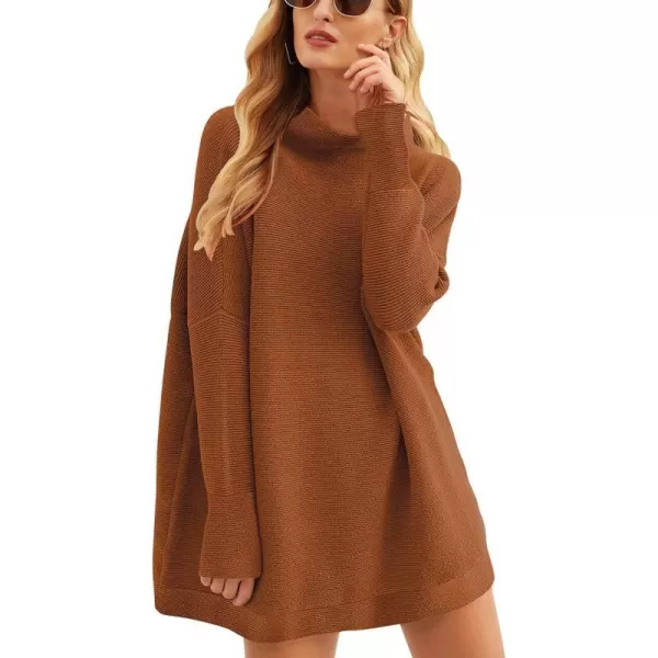 imageANRABESS Women 2023 Trendy Casual Turtleneck Batwing Sleeve Slouchy Oversized Ribbed Knit Tunic Sweaters PulloverBrown