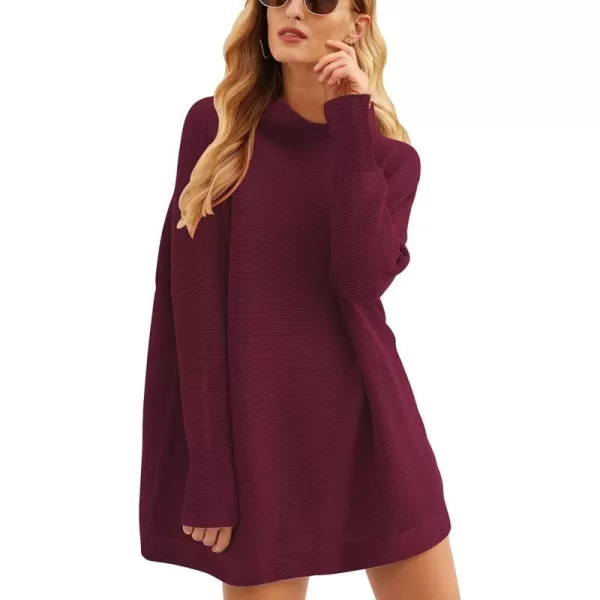imageANRABESS Women 2023 Trendy Casual Turtleneck Batwing Sleeve Slouchy Oversized Ribbed Knit Tunic Sweaters PulloverWine Red