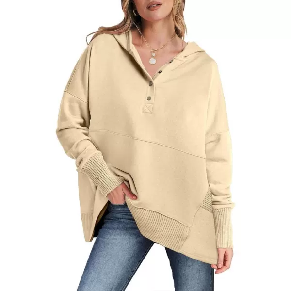 imageANRABESS Women Casual Button V Neck Hoodies Oversized Pullover Sweatshirt Hooded Sweater Tops with PocketsApricot