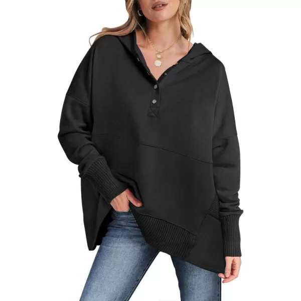 imageANRABESS Women Casual Button V Neck Hoodies Oversized Pullover Sweatshirt Hooded Sweater Tops with PocketsBlack