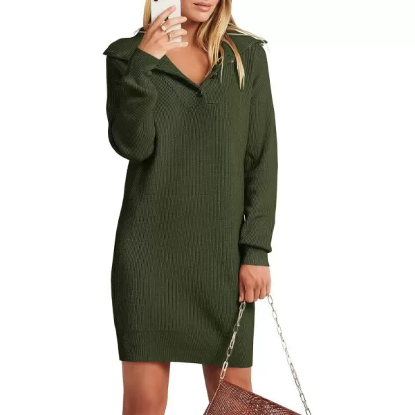 ANRABESS Women Casual Lapel Collar Button V Neck Long Sleeve Ribbed Loose Fit Knit Pullover 2023 Fall Mini Sweater Dress