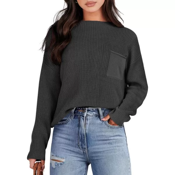 imageANRABESS Women Casual Long Sleeve Knit Loose Fit Mock Neck Fall Trendy Cropped Sweater Top with PocketsBlack