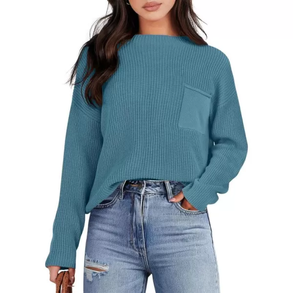 imageANRABESS Women Casual Long Sleeve Knit Loose Fit Mock Neck Fall Trendy Cropped Sweater Top with PocketsBlue