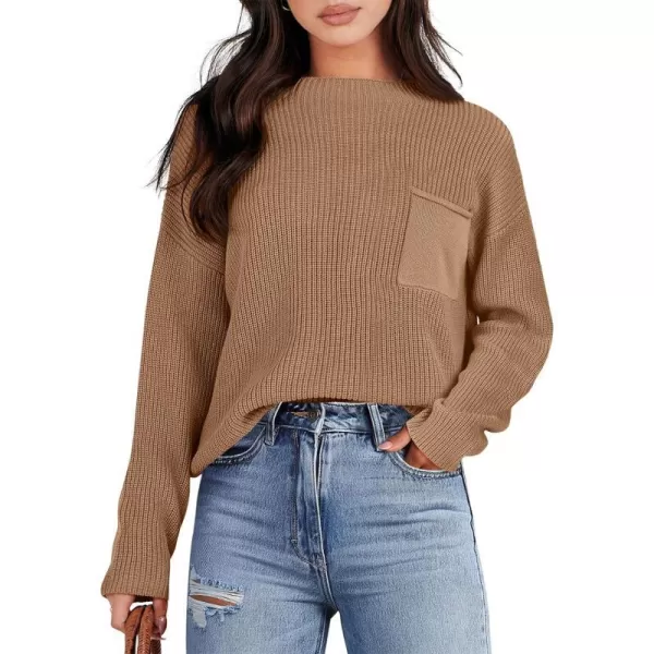 imageANRABESS Women Casual Long Sleeve Knit Loose Fit Mock Neck Fall Trendy Cropped Sweater Top with PocketsBrown