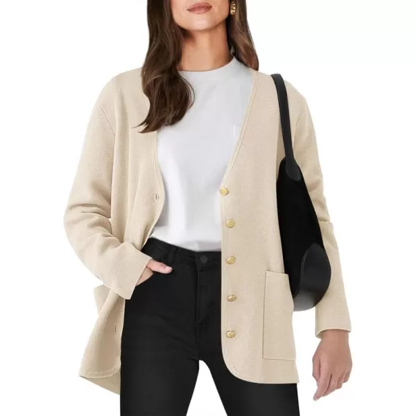 imageANRABESS Women Casual Long Sleeve V Neck Button Down Cardigan Sweater BlazerBeige