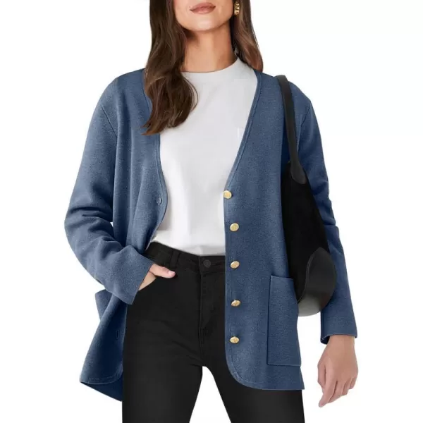imageANRABESS Women Casual Long Sleeve V Neck Button Down Cardigan Sweater BlazerDeep Blue