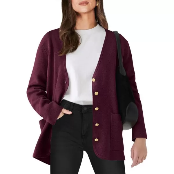 imageANRABESS Women Casual Long Sleeve V Neck Button Down Cardigan Sweater BlazerWine Red
