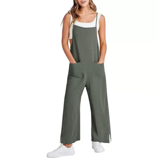 imageANRABESS Women Casual Loose Long Bib Pants Wide Leg Jumpsuits Baggy Linen Rompers Overalls with PocketsGrey Green