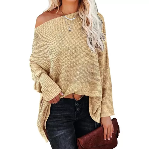 imageANRABESS Women Casual Loose Off Shoulder Long Batwing Sleeve Waffle Knit Oversized Pullover Shirt SweatersApricot
