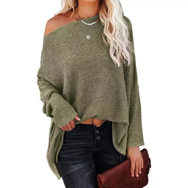 imageANRABESS Women Casual Loose Off Shoulder Long Batwing Sleeve Waffle Knit Oversized Pullover Shirt SweatersArmy Green