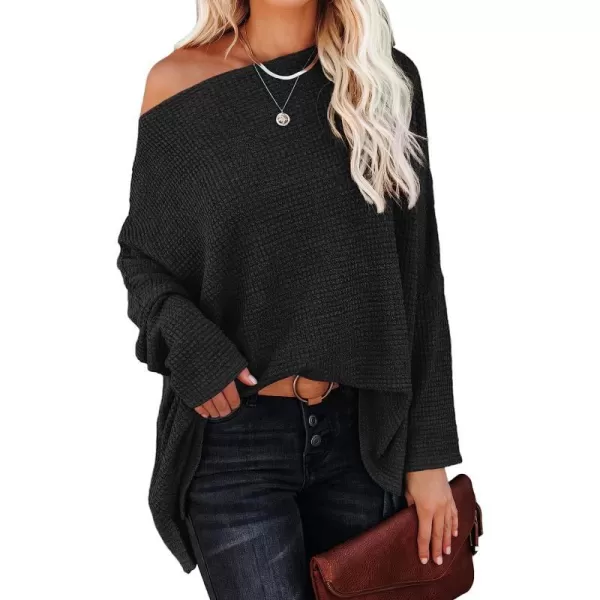 imageANRABESS Women Casual Loose Off Shoulder Long Batwing Sleeve Waffle Knit Oversized Pullover Shirt SweatersBlack