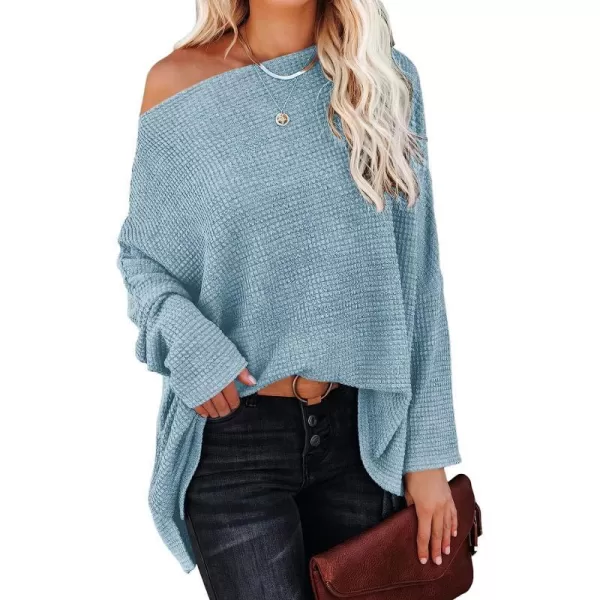 imageANRABESS Women Casual Loose Off Shoulder Long Batwing Sleeve Waffle Knit Oversized Pullover Shirt SweatersBlue