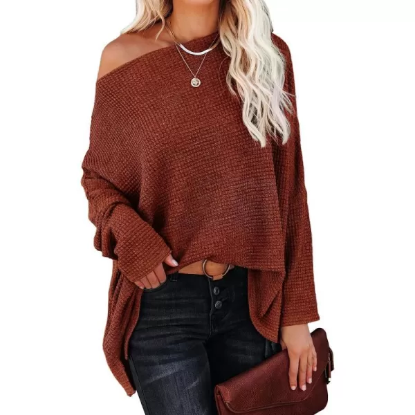 imageANRABESS Women Casual Loose Off Shoulder Long Batwing Sleeve Waffle Knit Oversized Pullover Shirt SweatersBrick