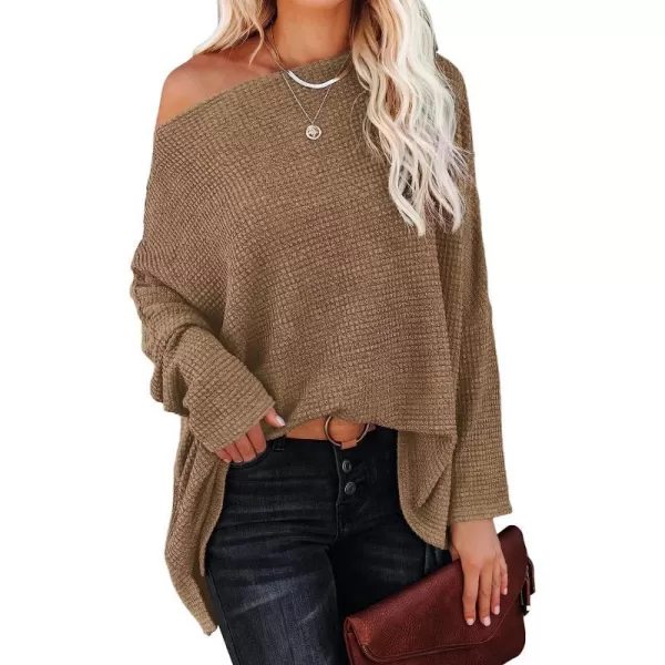 imageANRABESS Women Casual Loose Off Shoulder Long Batwing Sleeve Waffle Knit Oversized Pullover Shirt SweatersBrown