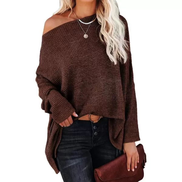 imageANRABESS Women Casual Loose Off Shoulder Long Batwing Sleeve Waffle Knit Oversized Pullover Shirt SweatersCoffee
