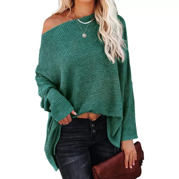 imageANRABESS Women Casual Loose Off Shoulder Long Batwing Sleeve Waffle Knit Oversized Pullover Shirt SweatersLake
