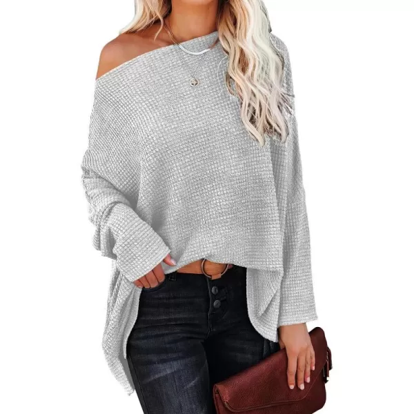 imageANRABESS Women Casual Loose Off Shoulder Long Batwing Sleeve Waffle Knit Oversized Pullover Shirt SweatersLight Gray