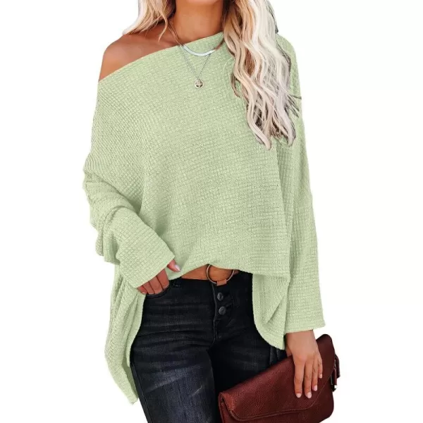 imageANRABESS Women Casual Loose Off Shoulder Long Batwing Sleeve Waffle Knit Oversized Pullover Shirt SweatersLight Green