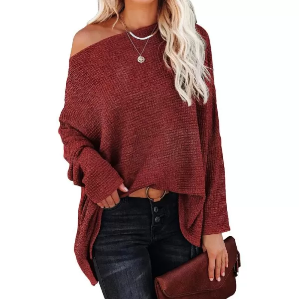 imageANRABESS Women Casual Loose Off Shoulder Long Batwing Sleeve Waffle Knit Oversized Pullover Shirt SweatersRed