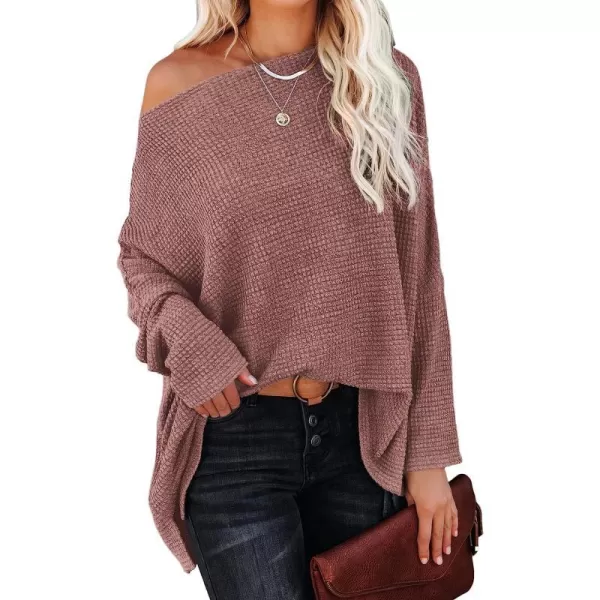 imageANRABESS Women Casual Loose Off Shoulder Long Batwing Sleeve Waffle Knit Oversized Pullover Shirt SweatersRust