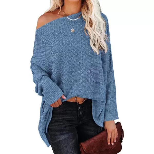 imageANRABESS Women Casual Loose Off Shoulder Long Batwing Sleeve Waffle Knit Oversized Pullover Shirt SweatersSky Blue